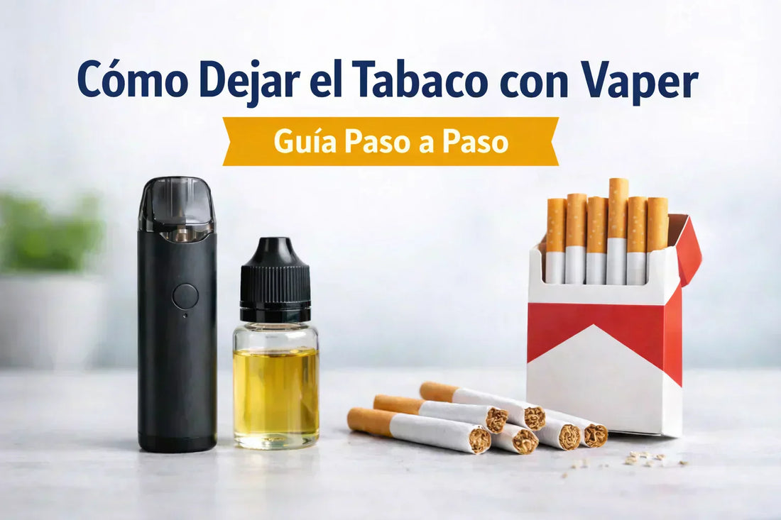 Vaper tipo pod junto a cajetilla de cigarrillos y líquido con nicotina para guía sobre dejar el tabaco